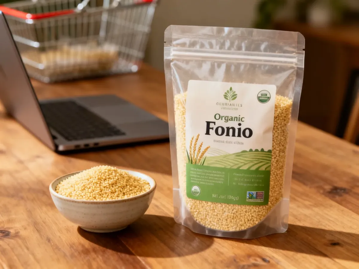 Opakowanie ekologicznego fonio i miska ziaren na drewnianym stole