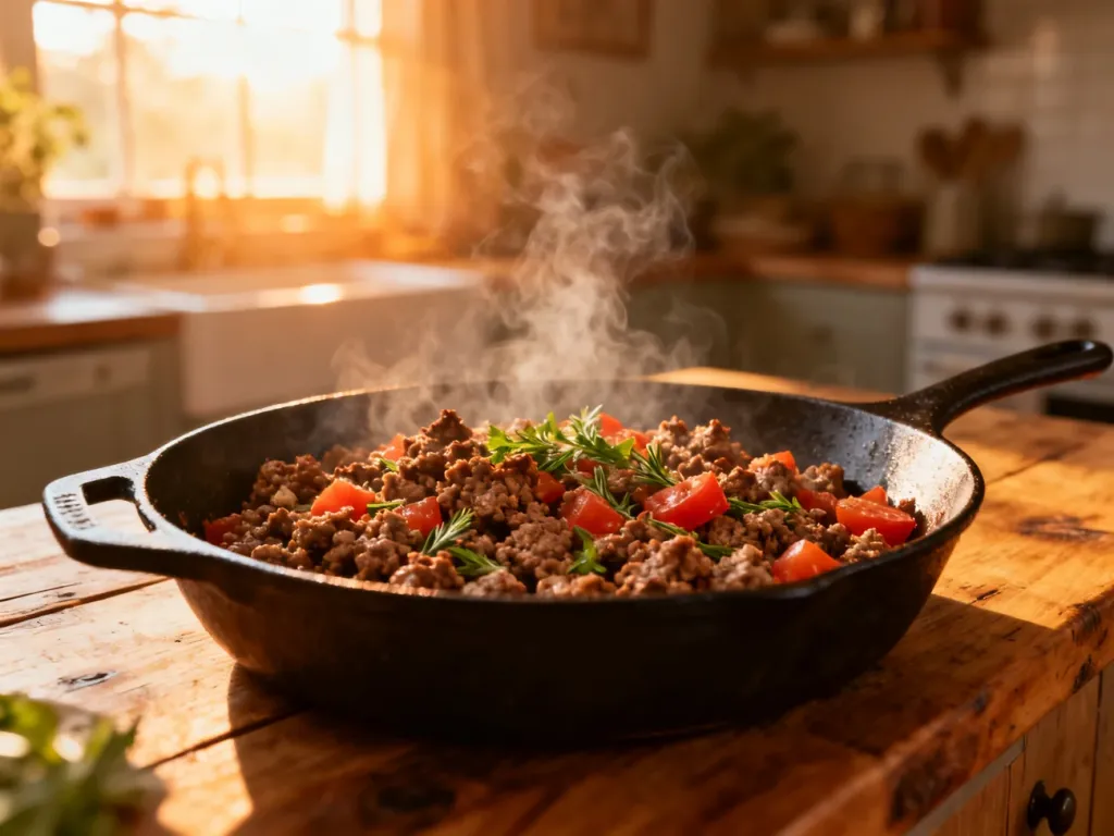 Smażone mięso mielone z ziołami i pomidorami na żeliwnej patelni, przygotowywane do sosu spaghetti.