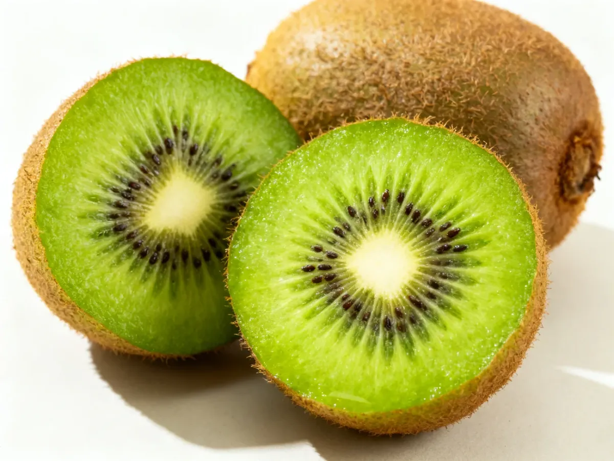 Przekrojone zielone kiwi obok całego owocu