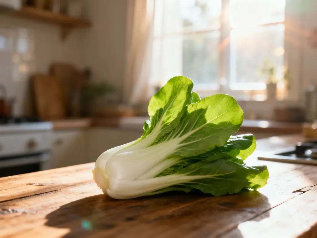 Świeża kapusta pak choi na drewnianym blacie w słonecznej kuchni, gotowa do przygotowania.