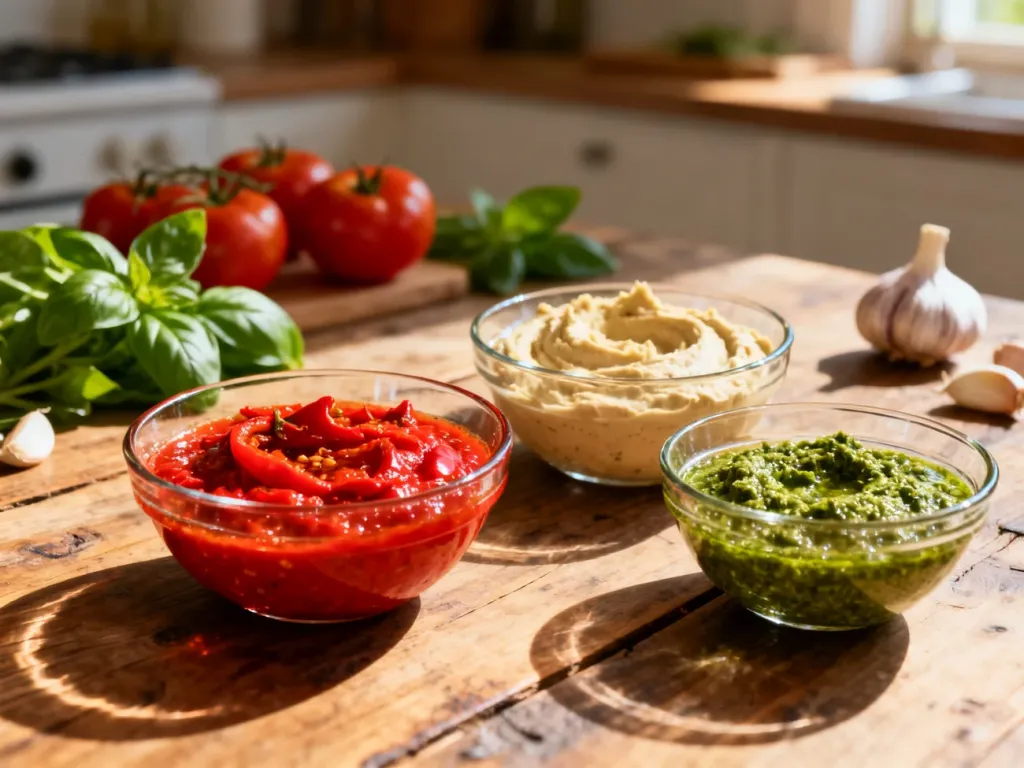 Szklane miseczki z domowymi sosami, hummusem i pesto na drewnianym stole jako zdrowe alternatywy dla ketchupu.