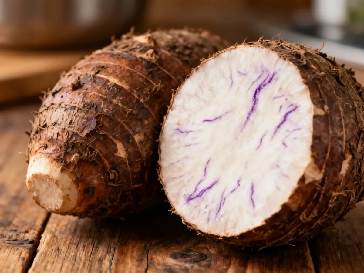 Przekrojona bulwa taro z brązową skórką i jasnym miąższem