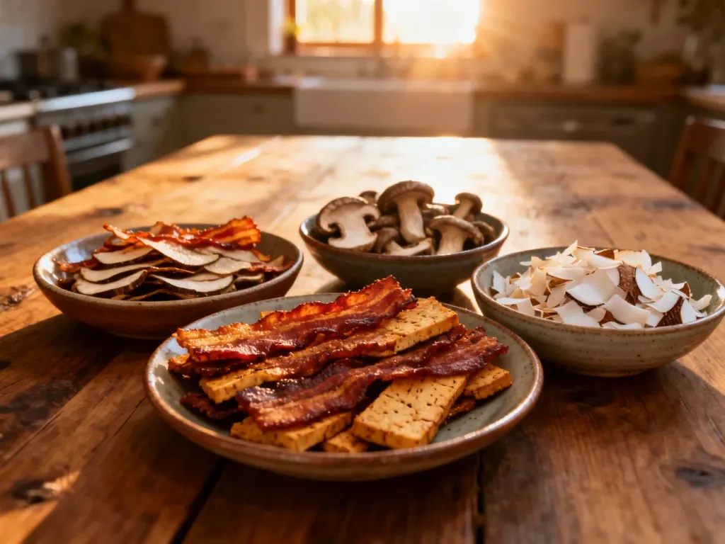Różnorodne roślinne zamienniki bekonu, takie jak wędzone tofu, grzyby shiitake i płatki kokosowe, na drewnianym stole.