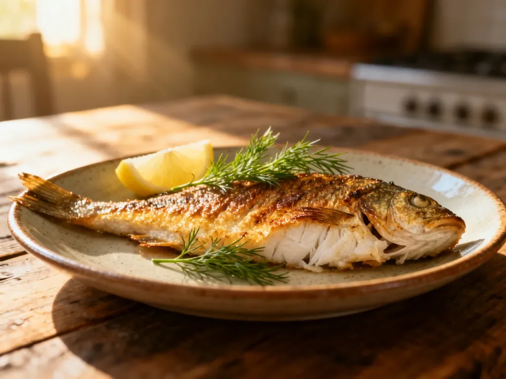 Usmażony filet z sandacza ze złocistą skórką, podany z cytryną i koperkiem na ceramicznym talerzu.