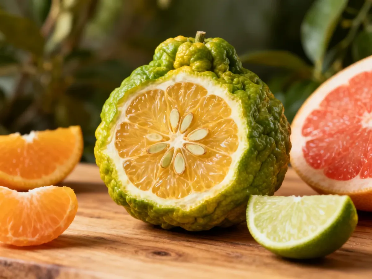 Przekrojone yuzu z widocznymi pestkami wśród innych cytrusów