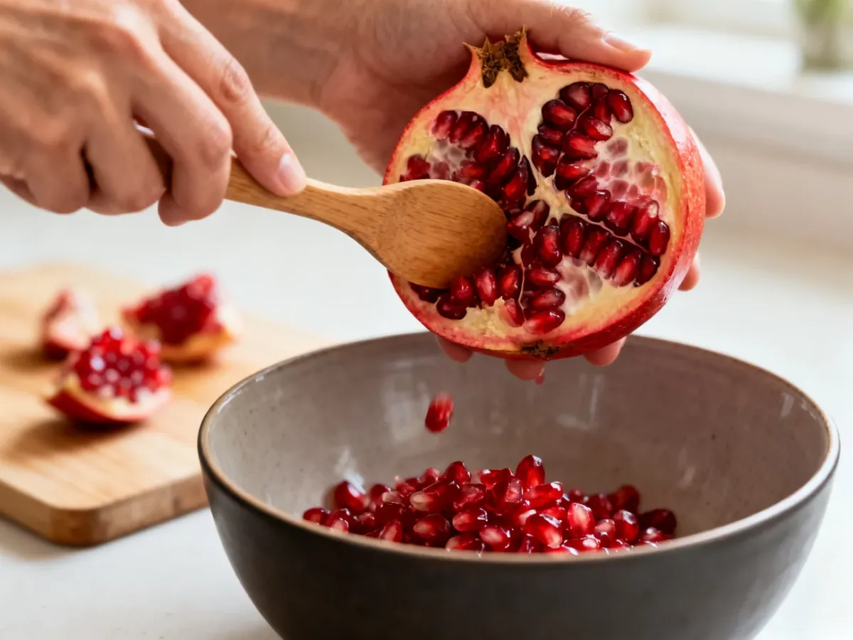 Obieranie granatu przez uderzanie drewnianą łyżką nad miską