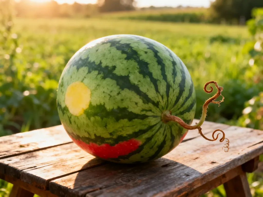 Dojrzały arbuz z widoczną żółtą plamą i uschniętym wąsem, leżący na drewnianym stole w słonecznym ogrodzie.