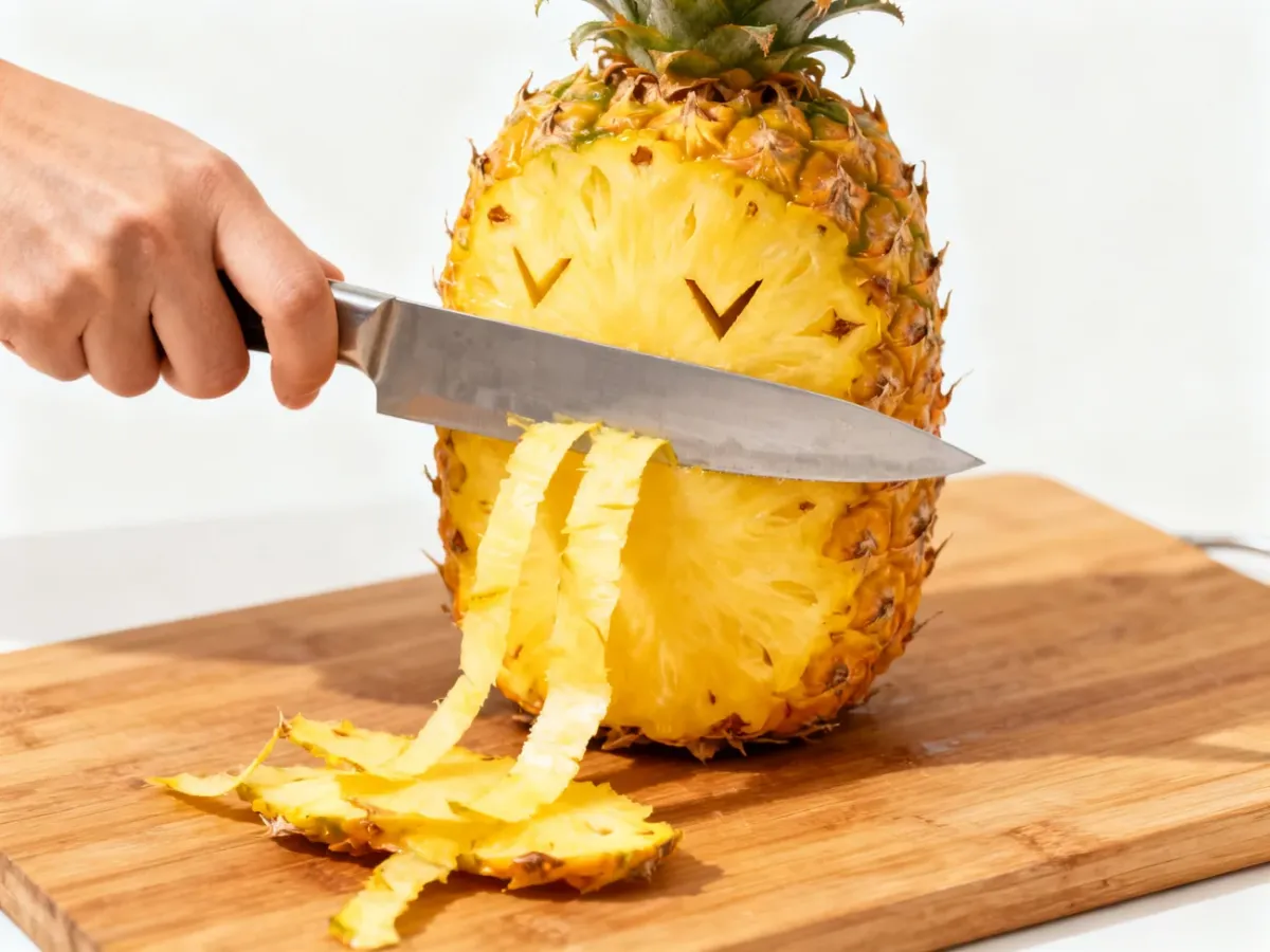 Dojrzały ananas obierany pionowo na desce do krojenia