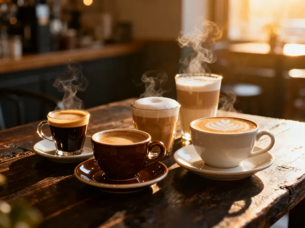 Eleganckie zestawienie różnych rodzajów kaw, takich jak espresso, cappuccino i latte, na rustykalnym drewnianym stole.