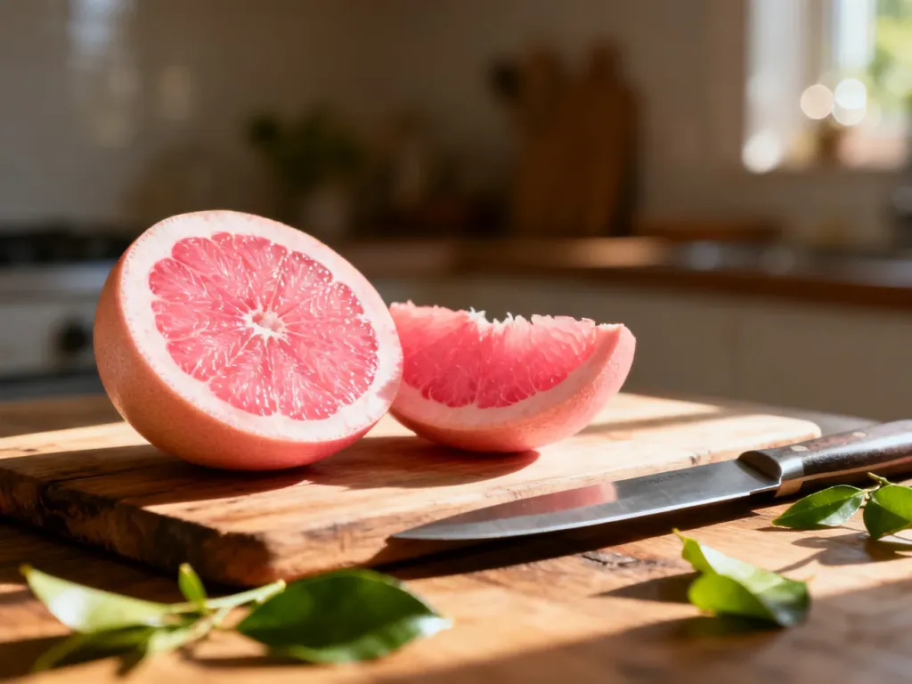 Przekrojone pomelo z soczystym, różowym miąższem na drewnianej desce, obok nóż i świeże liście cytrusowe.