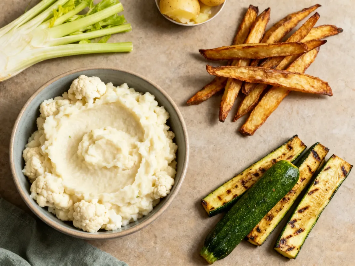 Kalafiorowe puree, frytki z selera, cukinia i ziemniak jako porównanie dodatków do diety keto