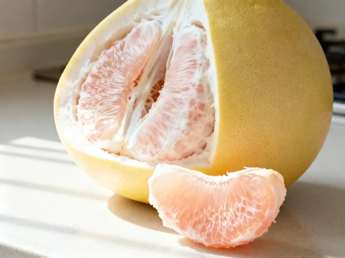 Przekrojone pomelo z grubą skórką, białymi błonami i jasnoróżowym miąższem