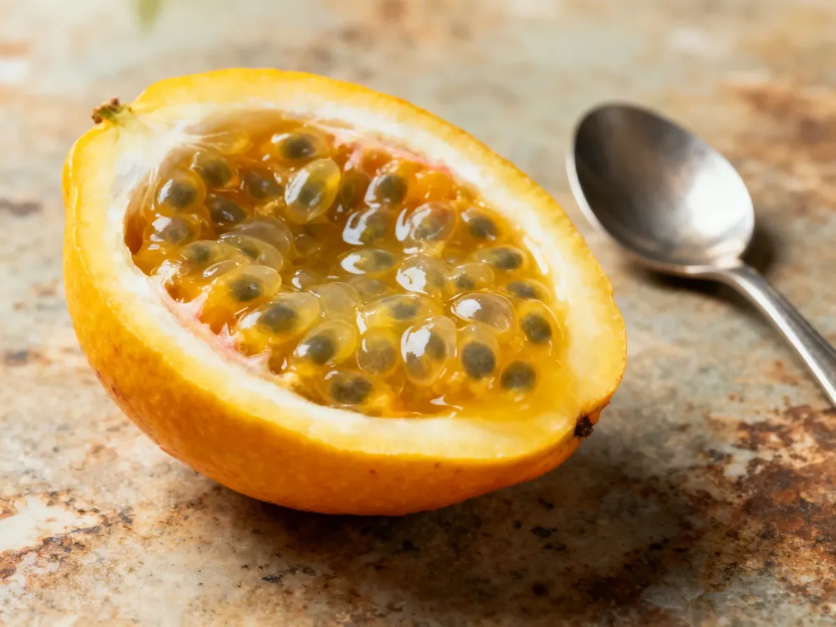 Przekrojona granadilla z galaretowatym miąższem i chrupiącymi pestkami