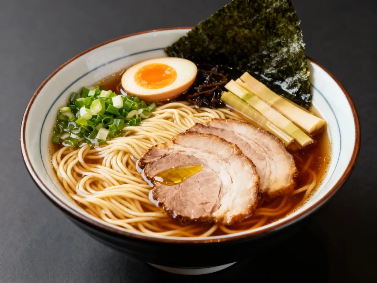 Miska ramenu z makaronem, bulionem, chashu, jajkiem i dodatkami