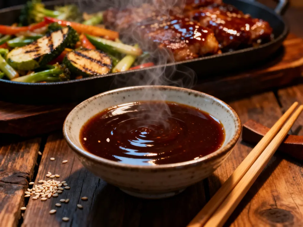 Miska z lśniącym sosem teriyaki, pałeczkami i sezamem na drewnianym stole, w tle rozmyte danie z warzywami i mięsem.
