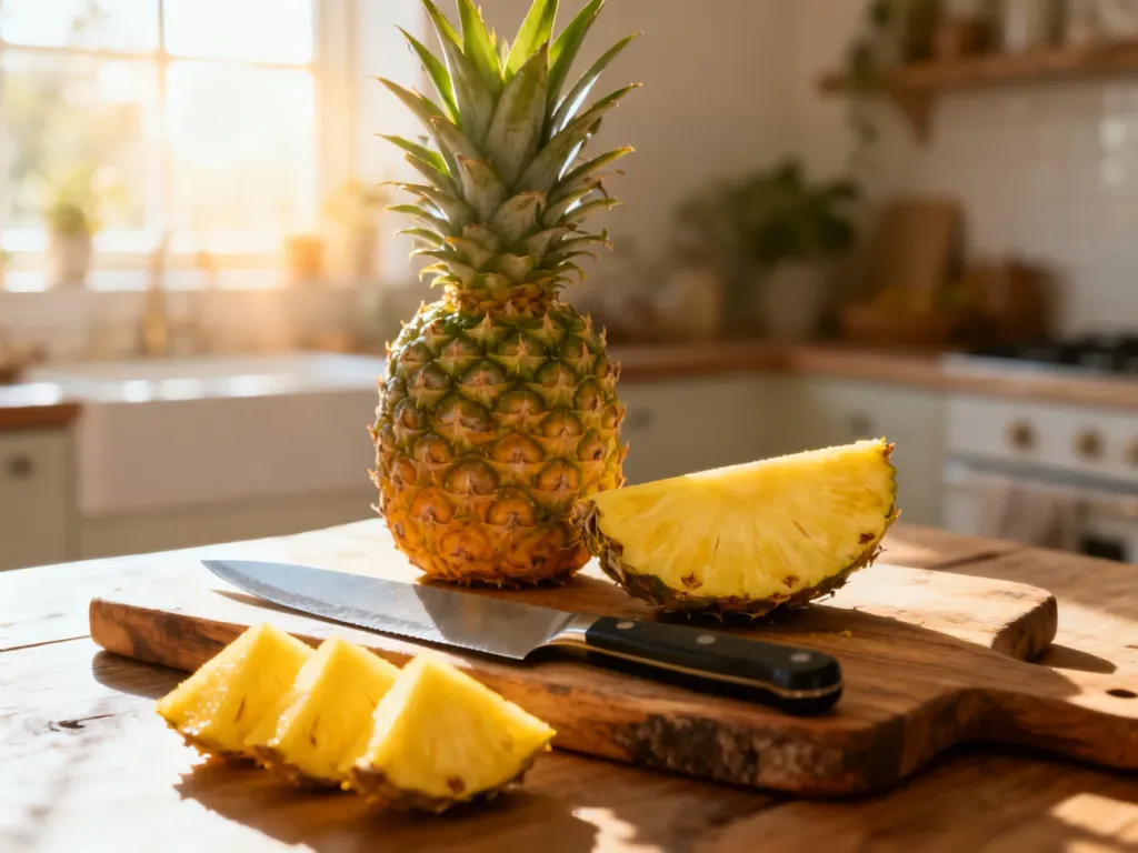 Dojrzały ananas w całości oraz pokrojone plastry owocu na drewnianej desce kuchennej z nożem szefa kuchni.