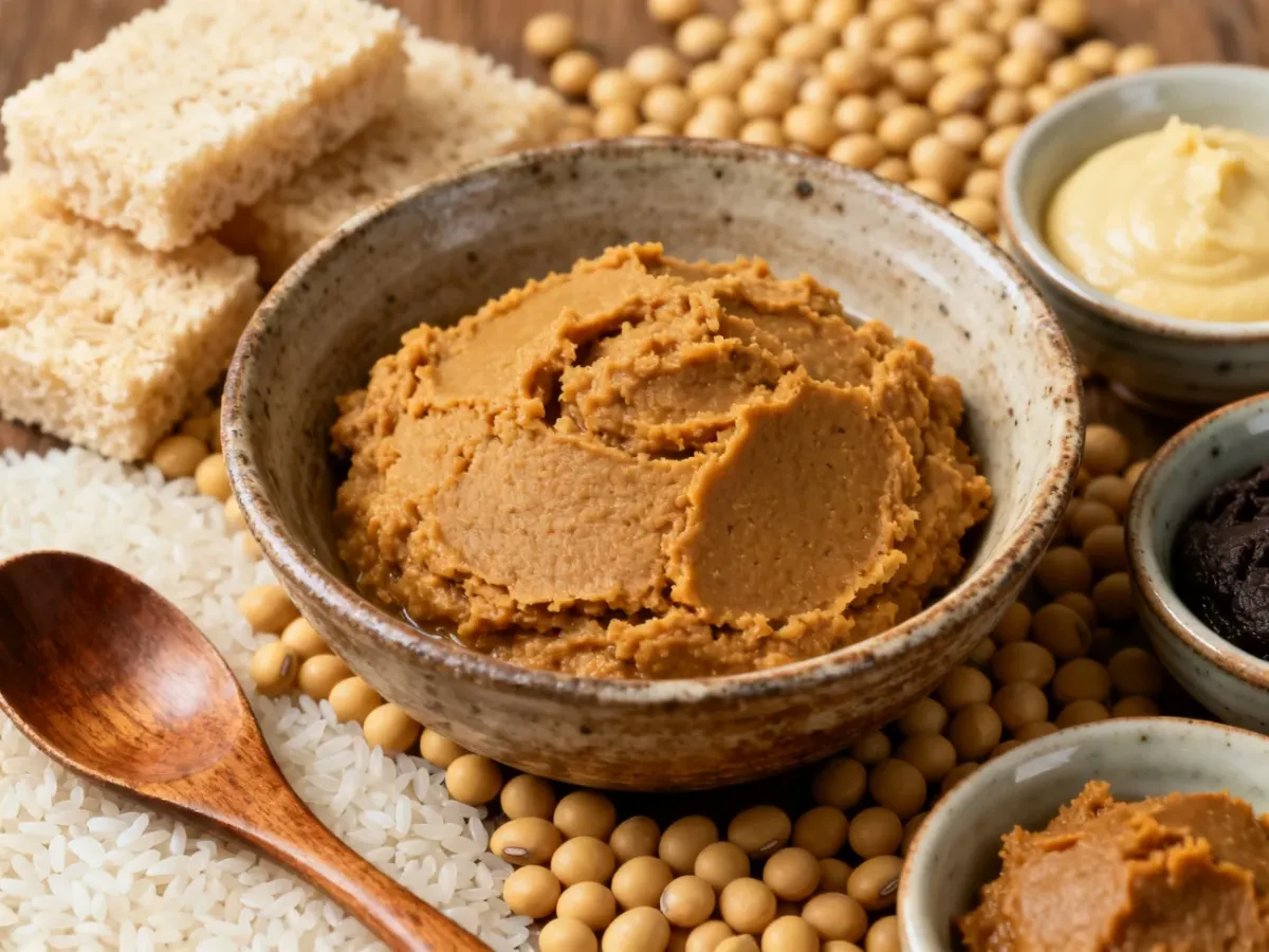 Miska fermentowanej pasty miso z soją, ryżem koji i jasną oraz ciemną odmianą pasty